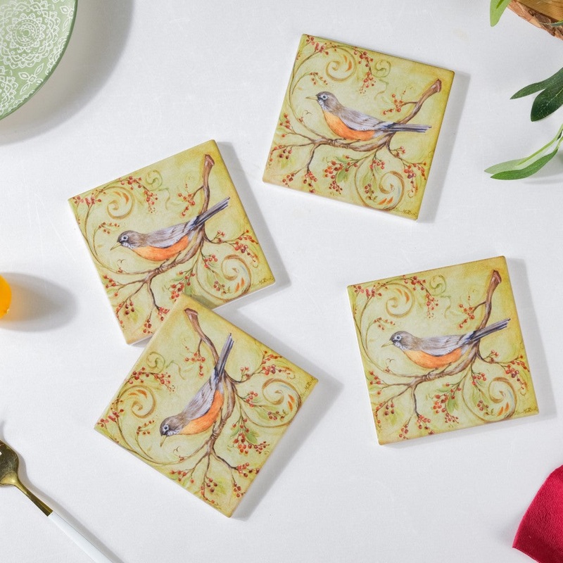 Vintage Robin Bird Coaster With Cork Set Of 4